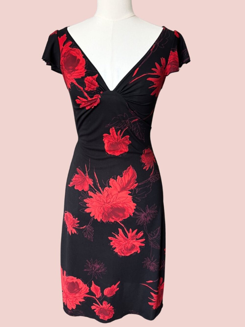 Vintage Red Floral Twist Front Midi Dress